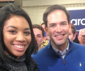 VCU journalism student Niyah White snaps a photo with GOP candidate Marco Rubio in Milford, New Hampshire. Photo courtesy of Niyah White