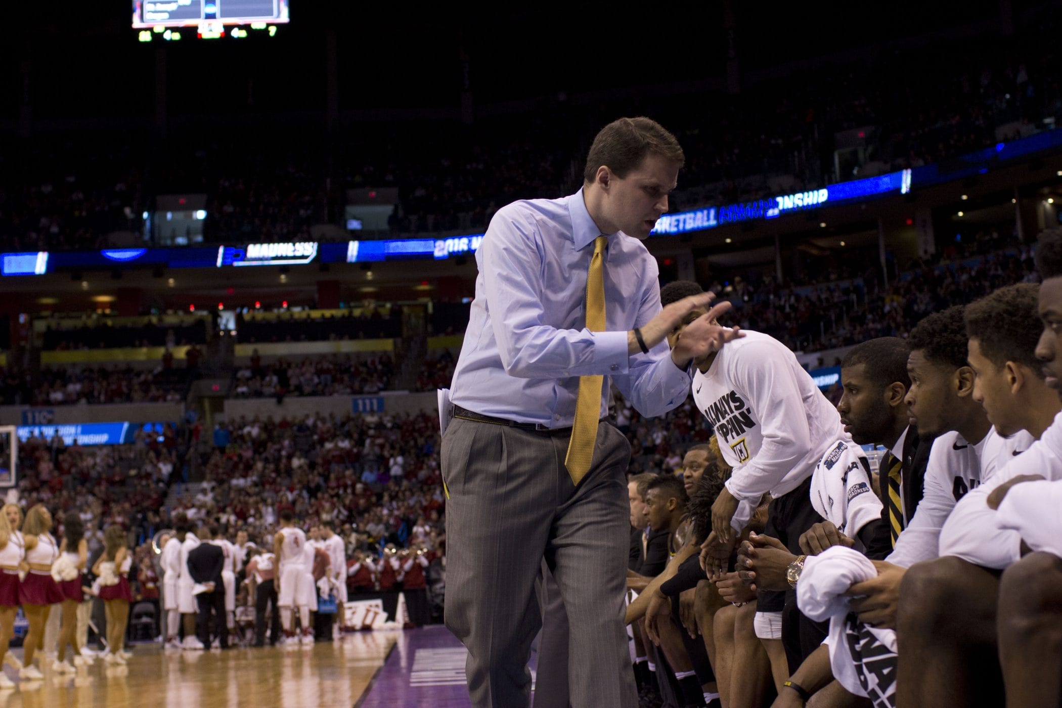 Men's basketball Head Coach Will Wade on the sideline of VCU's NCAA second-round matchup against Oklahoma University in Oklahoma City. Photo by Brooke Marsh.