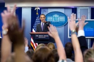 President Barack Obama takes questions from student reporters during College Reporter Day in the James S. Brady Press Briefing Room of the White House, April 28, 2016. (Official White House Photo by Amanda Lucidon)