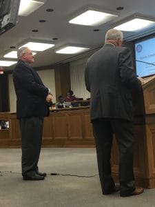 (Right) Maj. Gary Settle, deputy director of the VA state police criminal investigations bureau addresses legislators with Secretary Hazel (left). Photo by Ashley Luck.