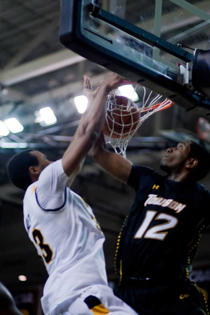 D.J. Haley took a beautiful feed from Bradford Burgess and threw down on Towson's Erique Gumbs. (Zach Gibson/CT)